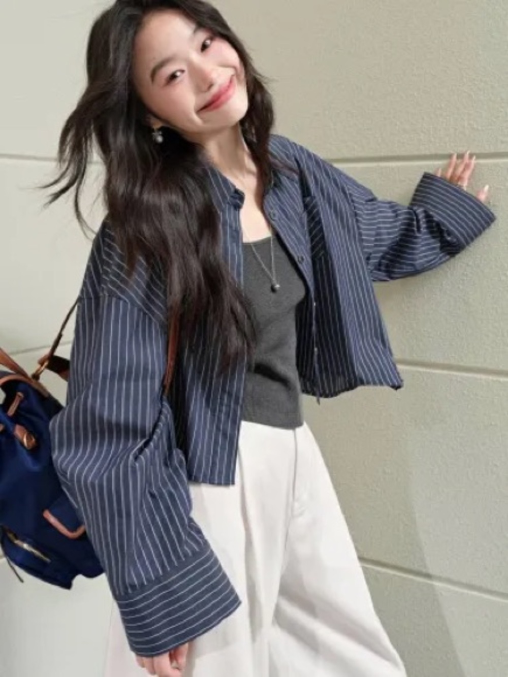 Striped Navy Cropped Button-Down Shirt